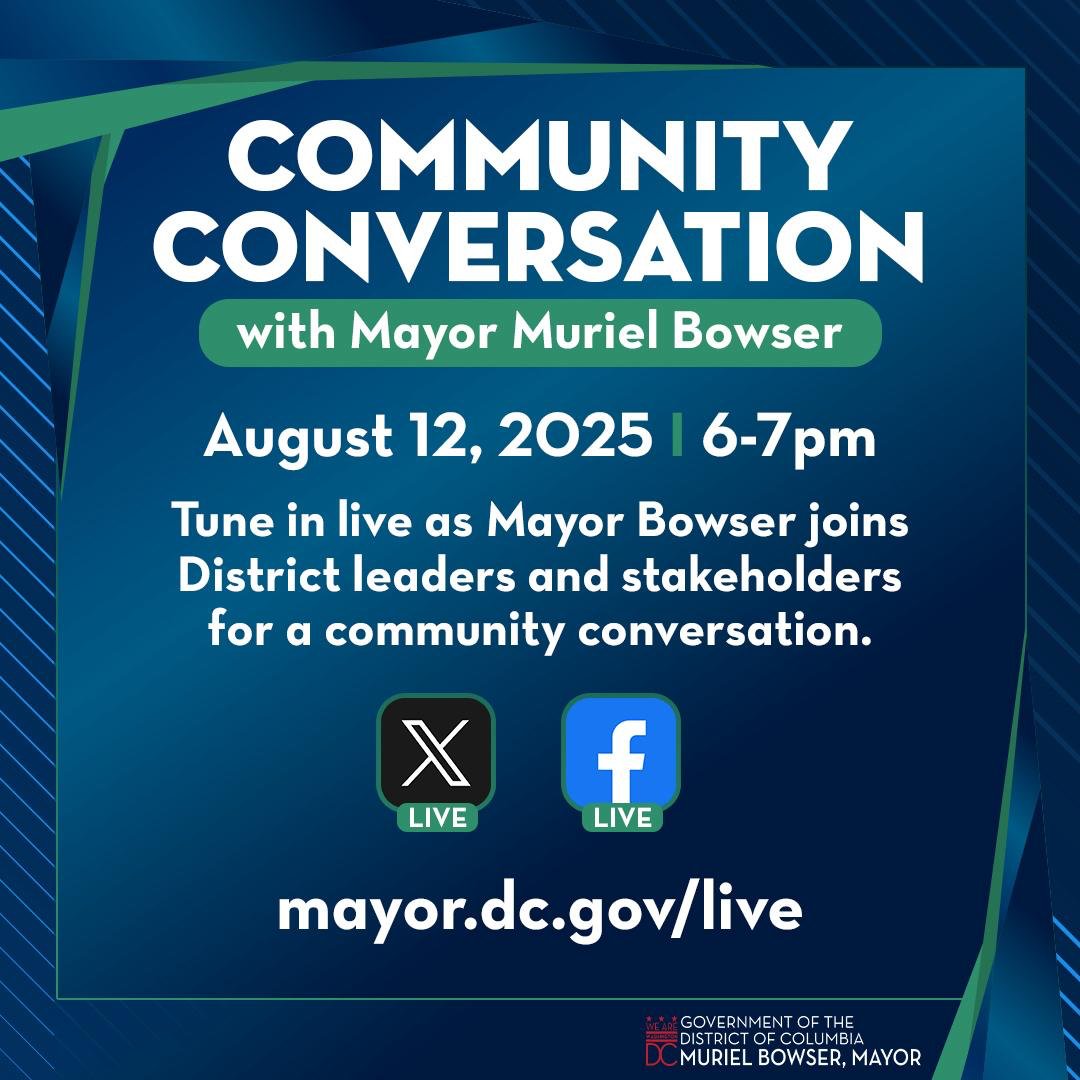 MayorBowser's tweet image. DC, we want you to have all the information you need about what&apos;s going on right now in our city.

Soon, we will be hosting a conversation with community leaders.

Tune in:
💻Here on X
📱Facebook.com/MayorMurielBow…
🖥️mayor.dc.gov/live