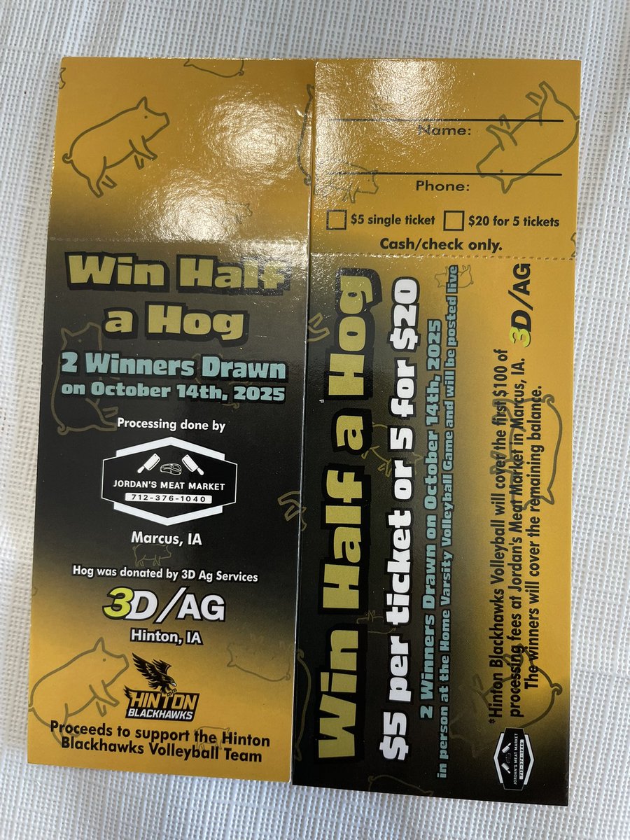 Time to eat some PORK!!!  The Hinton volleyball girls will be selling tickets to win a half of hog and 100.00 of the processing fees.   Get your tickets from one of the volleyball players.  5.00 each or five for 20.00.   You can let me know if you need to buy some.