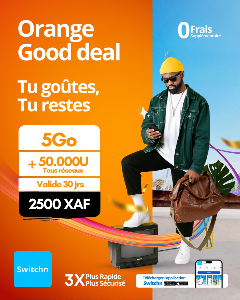 SwitchnLtd's tweet photo. ✈️✈️Accédez au meilleur des forfaits Orange
🤩Tu Goûtes, tu caleeeeeees, mamaaa!!
Choisissez votre Gooddeal, et accédez au bonheur sur l’application #switchn💙💙
Aller sur le siteweb https://t.co/wUYPsrv9WH ou Téléchargez l’appli: #switchn 
📣📣 https://t.co/AJ7OJA24q4

1000XAF, 2500XAF, 500 XAF, 250XAF 
Toutes les bourses y sont !!
Il vous suffit de verifiez votre numéro Orange sur l’application #Switchn et effectuez le paiement via Orange Money ou MTN Money pour finalisez l’achat de votre credit Gooddeal!!