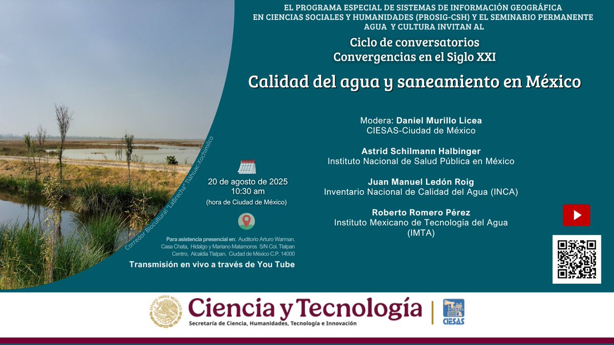 💦 Conversatorio «Calidad del agua y saneamiento en México», organizado por el #ProsigCSH y el Seminario #AguaYCultura.
Especialistas analizarán retos y soluciones para proteger la salud, la equidad y el medio ambiente. 👇