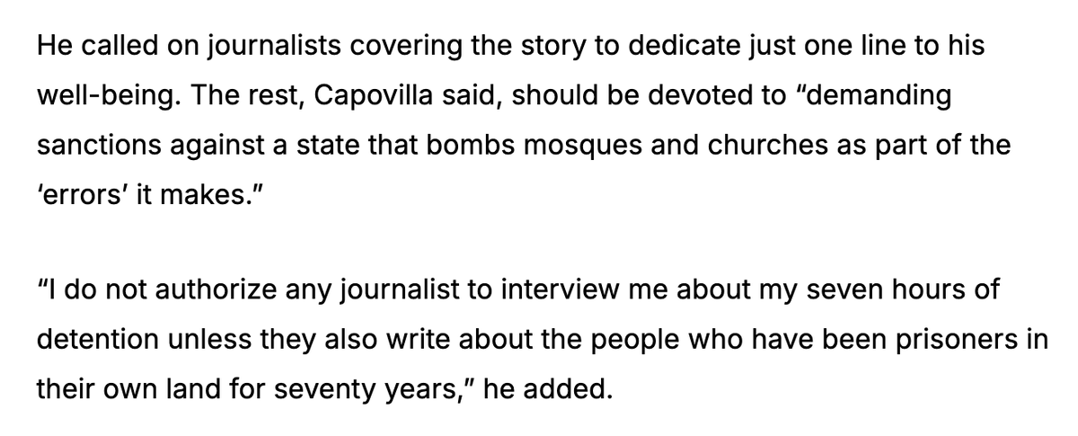 "I won't let any journalist interview me about being detained for seven hours unless they also write about the people who have been prisoners in their own land for seventy years"