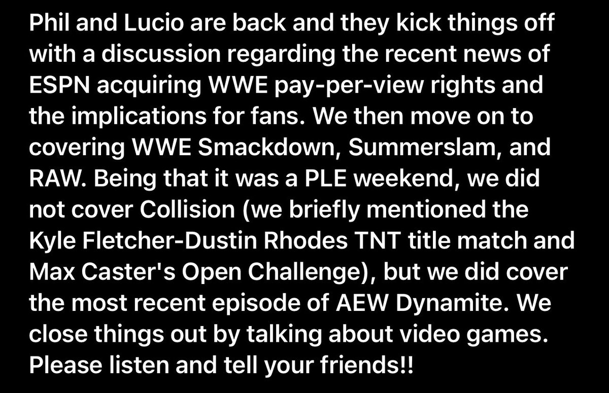 Episode 56 of Oh My Pod(cast) is now available! Sorry for the delayed publication- not naming names, but someone whose name rhymes with sucio dropped the ball. Nobody will ever know! 

Spotify: open.spotify.com/episode/6xjSps…

Apple Podcasts: podcasts.apple.com/us/podcast/oh-…

#WWE #AEW #wrestling