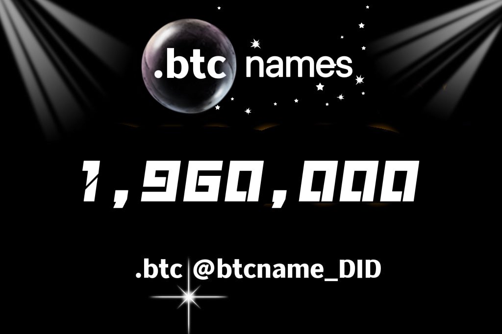 .btc <a href="/btcname_DID/">BtcName.btc</a> just hit 1,960,000 names and 141,139 holders🎉

.btc 4 Letters(4L.btc) minted count：396040/456976
▓ ▓ ▓ ▓ ▓ ▓ ▓ ░ 86.66%

<a href="/xverse/"></a> <a href="/summraznboi/">summraznboi</a> <a href="/wallet/">OKX Wallet</a> 
#did #btcname #btc #ens #ordinals #bitmap #eth #6D #EnsNanes #Web3Names #BtcNames #4D #3D #BTC