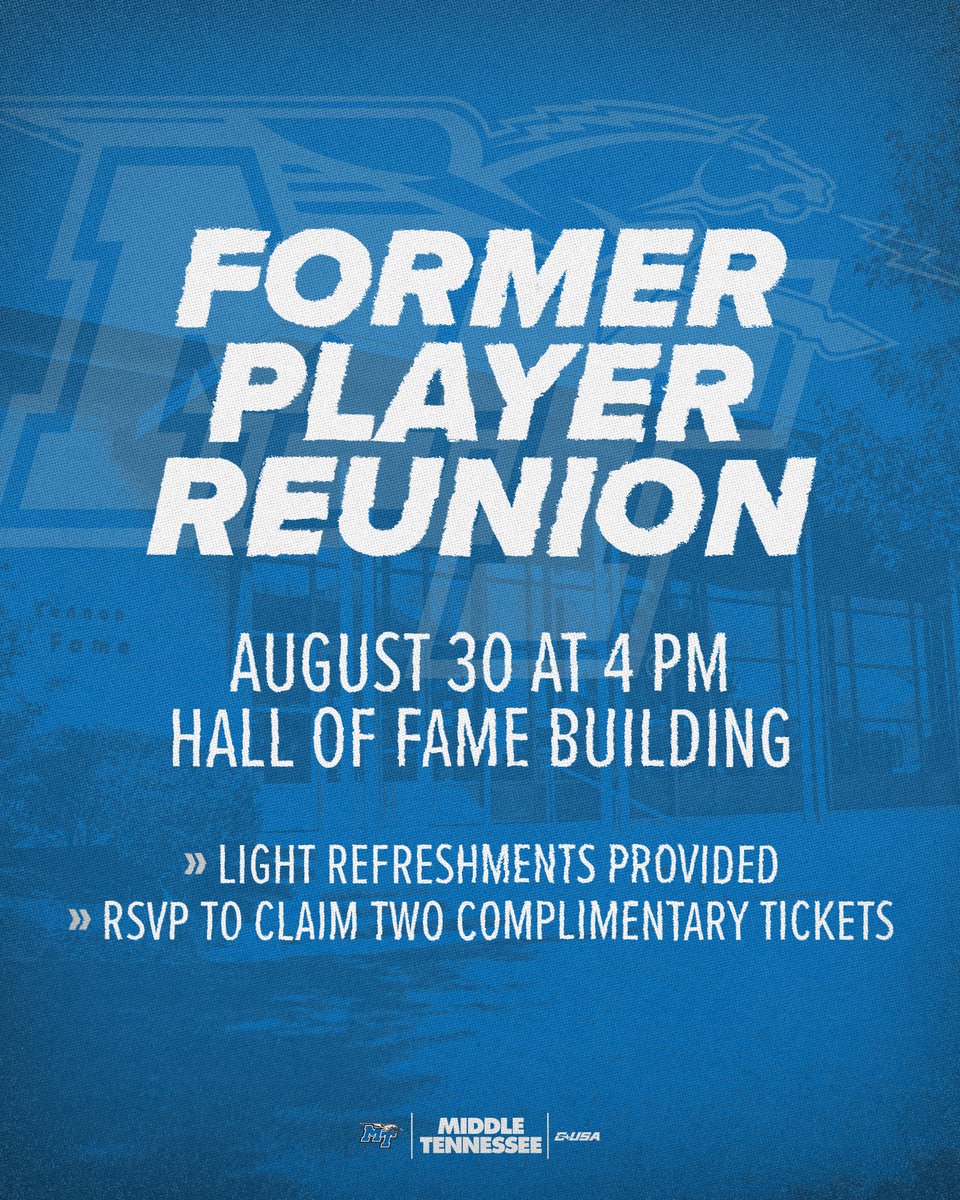 Middle Tennessee Athletics (@mtathletics) on Twitter photo Attention ALL former Blue Raider players! You're invited to our Former Player Reunion Tailgate on August 30 in the Kennon Hall of Fame Building before <a href="/MT_FB/">Middle Tennessee Football</a> kicks off against Austin Peay!
๐ RSVP: mtsubraa.com/event/formerplโฆ Attention ALL former Blue Raider players! You're invited to our Former Player Reunion Tailgate on August 30 in the Kennon Hall of Fame Building before <a href="/MT_FB/">Middle Tennessee Football</a> kicks off against Austin Peay!
๐ RSVP: mtsubraa.com/event/formerplโฆ