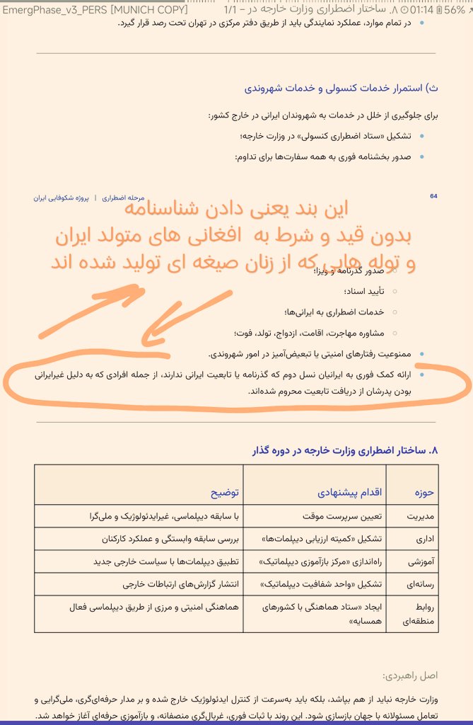 داشتم برنامه ۱۰۰ روز اول هوادران رضا پهلوی را مطالعه میکردم
 بندی خطرناک!
 ملت گول نخورید
کسی که دامادش آمریکایی یهودی تبار است و طبق قانون نمیتواند فرزندانش ایرانی شوند با این قانون به همه افغانی ها شناسنامه خواهد داد
#اخراج_افغانی_مطالبه_ملی 
بعدا مثل ۵۷ نگید ما خبر نداشتیم