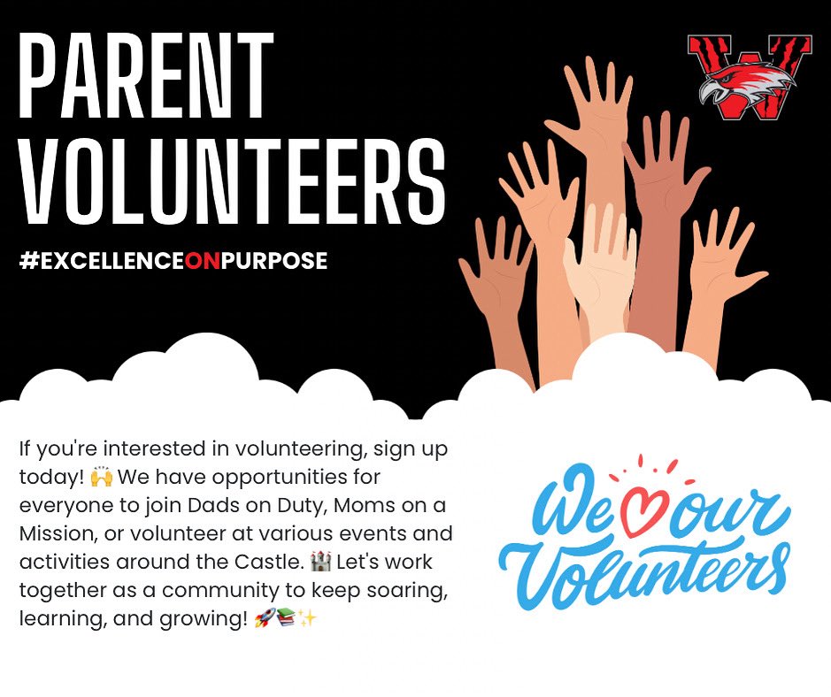 🙌 Parents, We Need You! 🙌
Join Dads on Duty, Moms on a Mission, or help with fun events at the Castle! 🏰
📌 Sign up here 👉 forms.gle/EbkUyDdwsQkbNC…

#WeLoveOurVolunteers ❤️ #RedhawkPride #ExcellenceOnPurpose