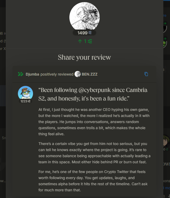 Started my run with <a href="/ethos_network/">Ethos</a>.

Got my Ethos invite a few days ago and I’m already hooked.

Vibes are all positive and I see serious potential. Ethos is definitely not something to skip.

Dropped a review on <a href="/cyberpunk/">BEN.ZZZ</a> today, shared my thoughts and explained why I rate him