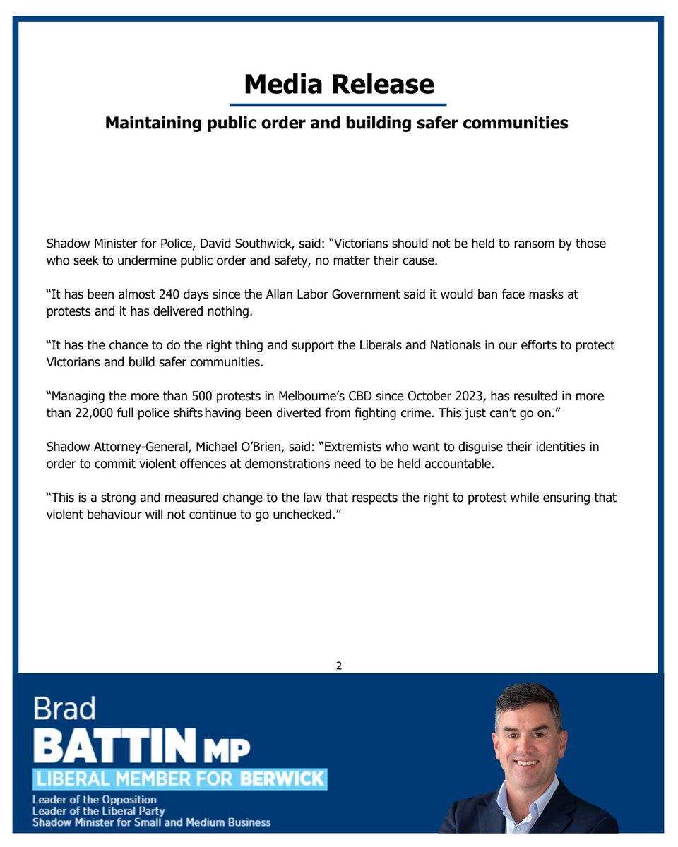 Brad Battin MP (@bradbattinmp) on Twitter photo My joint media release with <a href="/SouthwickMP/">David Southwick MP</a> and <a href="/michaelobrienmp/">Michael O'Brien</a> on our plan to keep our streets safe from violent protesters. My joint media release with <a href="/SouthwickMP/">David Southwick MP</a> and <a href="/michaelobrienmp/">Michael O'Brien</a> on our plan to keep our streets safe from violent protesters.