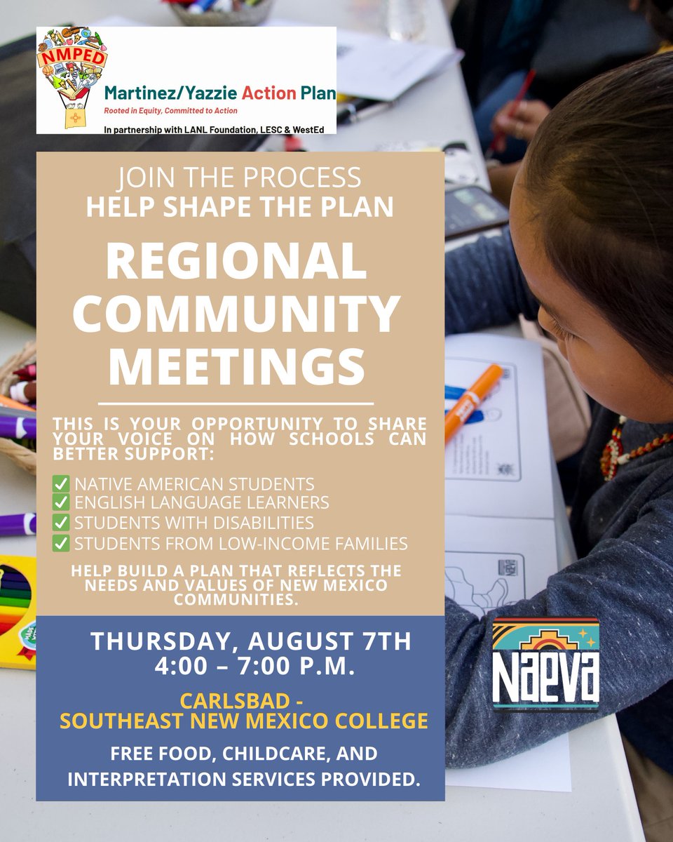 ❗️Zuni • Carlsbad • Silver City❗️

The Martinez/Yazzie Action Plan Community Sessions are coming to three locations on Thursday, August 14 from 4–7 PM

📍 Zuni - Zuni Wellness Center
📍 Carlsbad - Southeast New Mexico College
📍 Silver City - Grant County Veterans Memorial