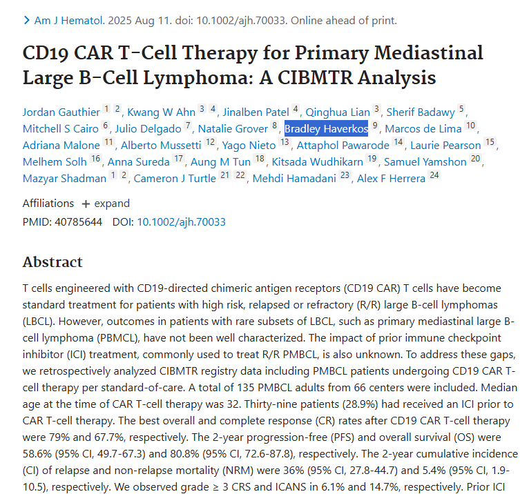 CU Lymphoma Program (@culymphoma) on Twitter photo Dr. <a href="/BradHaverkos/">Brad Haverkos</a> <a href="/CUHematology/">CU Anschutz Division of Hematology</a> contributed to a <a href="/CIBMTR/">CIBMTR</a> study of CD19 CAR-T for PMBCL, now published <a href="/AjHematology/">AmericanJournalofHematology</a>. Two-year PFS 59% and two-year OS 81%, with two-year cumulative incidence of relapse at 36%. #lymsm #tcellrx Dr. <a href="/BradHaverkos/">Brad Haverkos</a> <a href="/CUHematology/">CU Anschutz Division of Hematology</a> contributed to a <a href="/CIBMTR/">CIBMTR</a> study of CD19 CAR-T for PMBCL, now published <a href="/AjHematology/">AmericanJournalofHematology</a>. Two-year PFS 59% and two-year OS 81%, with two-year cumulative incidence of relapse at 36%. #lymsm #tcellrx