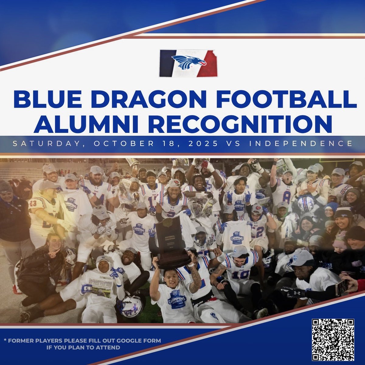 🐉Attention all Blue Dragon Football Alumni🐉

We hope to see you back in Hutch on October 18th!

*Register by holding down or scanning the QR link if you plan to attend.