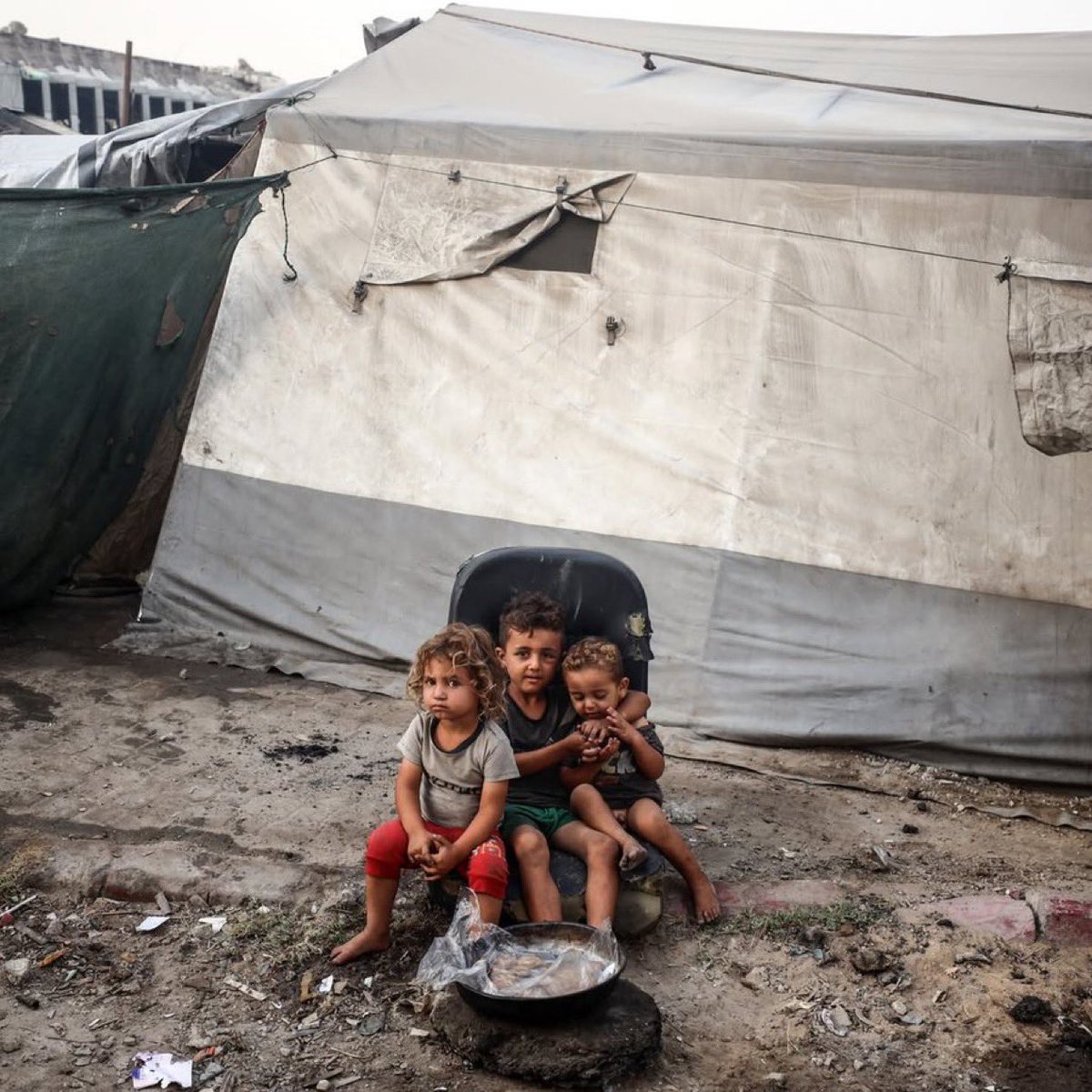 7MohammedKhaled's tweet photo. Palestinian orphan children sit outside their tents in Gaza city. https://t.co/7htNVoLmd9