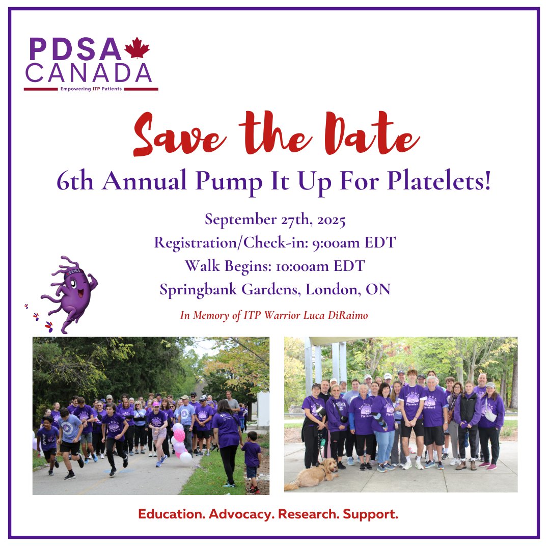 PDSA_ITP's tweet image. Save the Date, Canada! Join us in Ontario for a powerful weekend of purpose and connection! 
Mark your calendars and register now at pdsa.org/canada Let’s walk, learn, and lift each other up! #ITPAwareness #ITPStrong #PDSACanada #WalkForITP