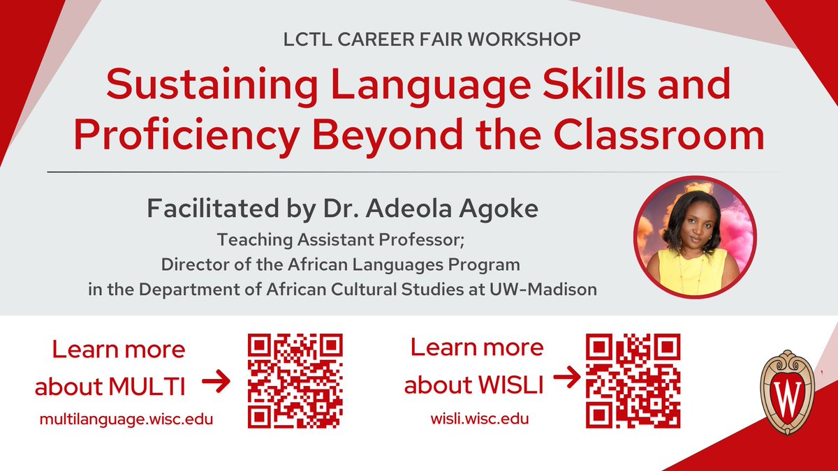 wisli_uw's tweet image. WATCH NOW 🎥 Dr. Agoke’s @wisli_uw workshop on sustaining & growing language skills beyond the classroom. Structured strategies for self-directed, long-term multilingual growth.
youtube.com/watch?v=S8SHmg…
#LanguageLearning 
@cessi_uw @sasli_uw @medli @sipi_uw  @UWInternational