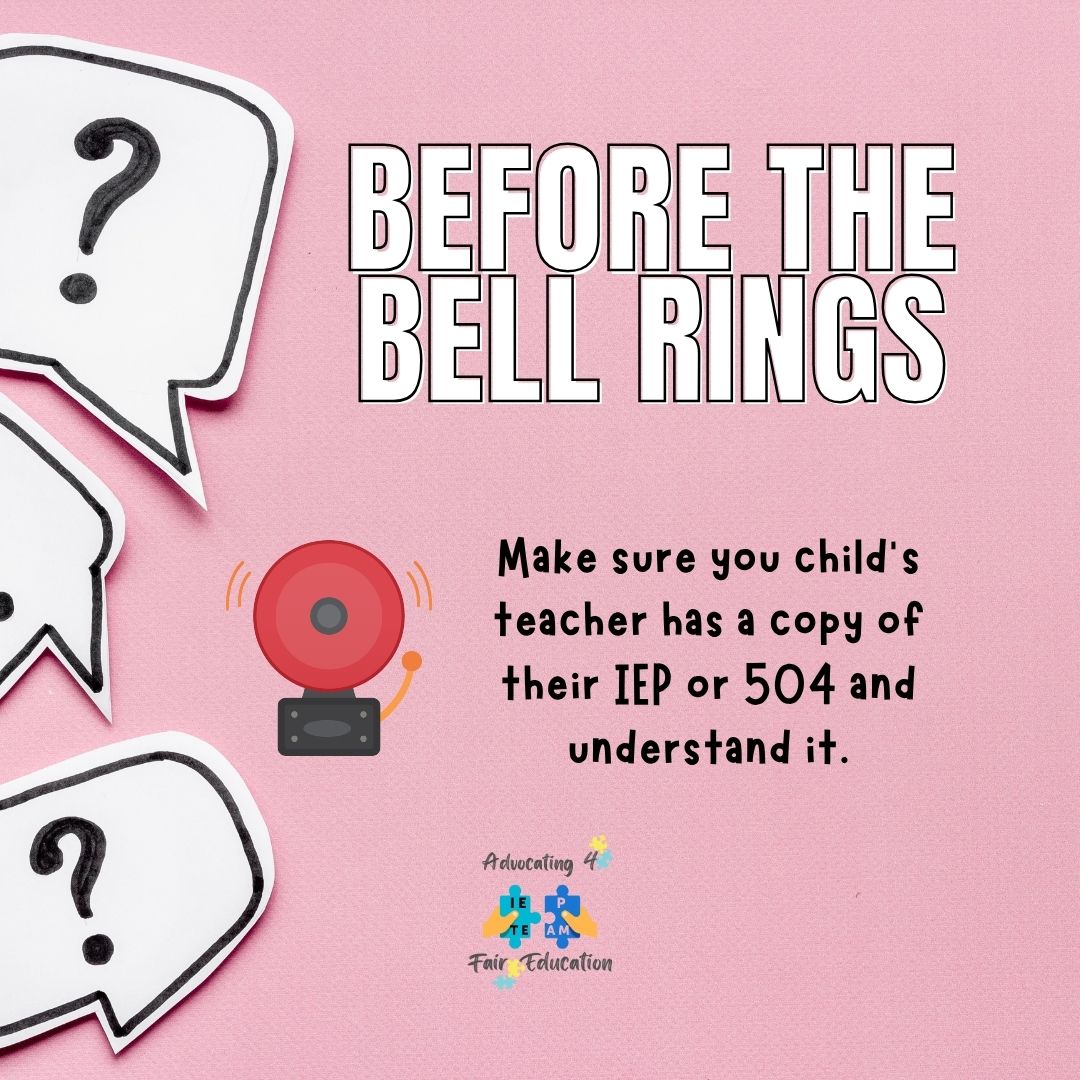 Before the bell rings:
📄 Make sure your child’s teacher has their IEP/504—and understands it.

💬 Parents: How do you ensure this happens? Teachers: What’s the best way to share info with you?

#IEP #504Plan #ParentAdvocacy #BackToSchool