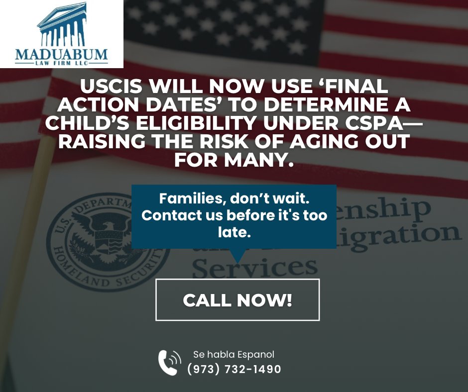 MaduabumLawFirm's tweet image. This change could increase the risk of children “aging out” before their applications are approved.
Don’t let your child’s immigration future slip away, timing is everything.
📞 Call: (973) 732-1490 – We can help protect your family’s case.

#immigrationlaw #uscisupdate #cspa