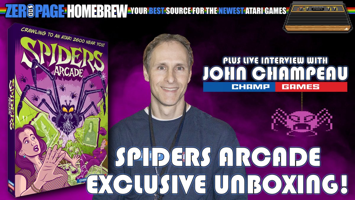ZeroPage Homebrew (@zeropagehomebre) on Twitter photo EXCLUSIVE Spiders Arcade retail unboxing and LIVE interview TOMORROW with developer John Champeau from <a href="/ChampDotGames/">Champ Games</a>!
Wed Aug 13 @ 6PM PT | 9PM ET
WATCH LIVE: twitch.tv/zeropagehomebr…
#homebrew #homebrewgame #atari #atari2600 #retro #classicgaming #retrogames EXCLUSIVE Spiders Arcade retail unboxing and LIVE interview TOMORROW with developer John Champeau from <a href="/ChampDotGames/">Champ Games</a>!
Wed Aug 13 @ 6PM PT | 9PM ET
WATCH LIVE: twitch.tv/zeropagehomebr…
#homebrew #homebrewgame #atari #atari2600 #retro #classicgaming #retrogames