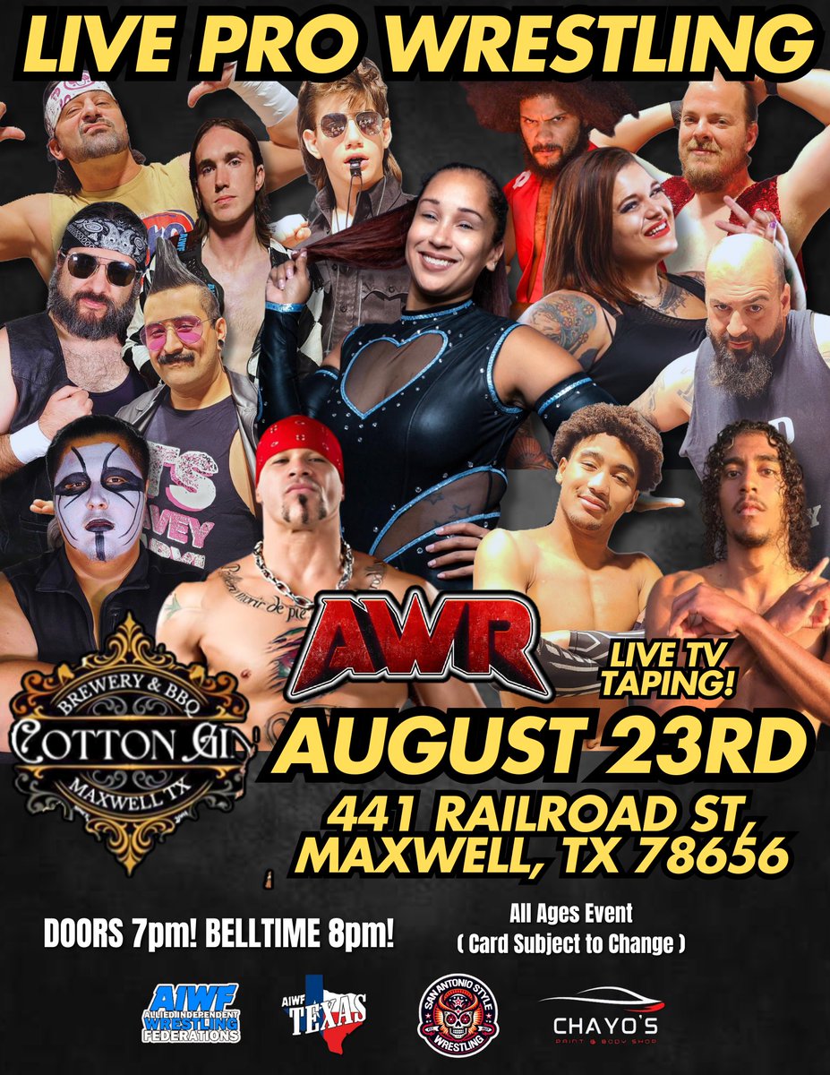 Get ready for AWR Wrestling in Action on Saturday, August 23rd at the iconic Cotton Gin in Maxwell, TX This all-ages event kicks off at 8PM, so grab your tickets now on Eventbrite: eventbrite.com/e/cotton-gin-b…