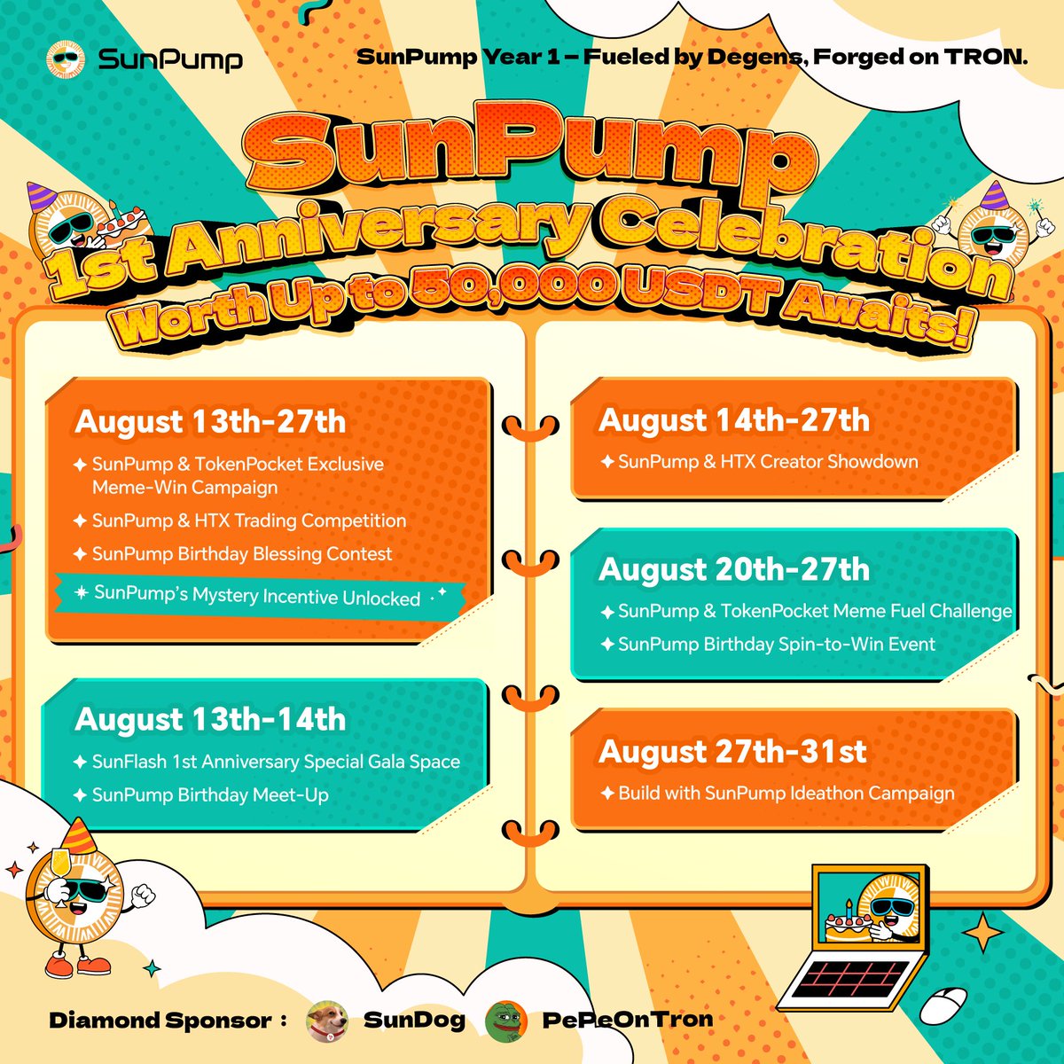 SunnicNFT24's tweet image. 🔥🌍 #SunPump Anniversary: Global Degen Takeover! 🌍🔥

The wait is OVER,  SunPump just hit Year ONE (+1) and we’re flipping the switch to FULL SEND MODE! 🚀 From that legendary fair launch to becoming the meme-fueled powerhouse of the TRON ecosystem, it’s been non-stop wins,