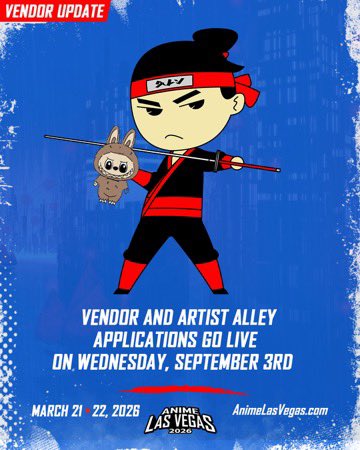 🚨 VENDOR UPDATE 🚨

Calling all vendors and artists! 🎨🛍️
Applications for Vendor &amp; Artist Alley at Anime Las Vegas 2026 go LIVE on Wednesday, September 3rd!

Secure your spot to showcase your art, merch, and creations at one of the most exciting anime events of the year! 🌟

📅