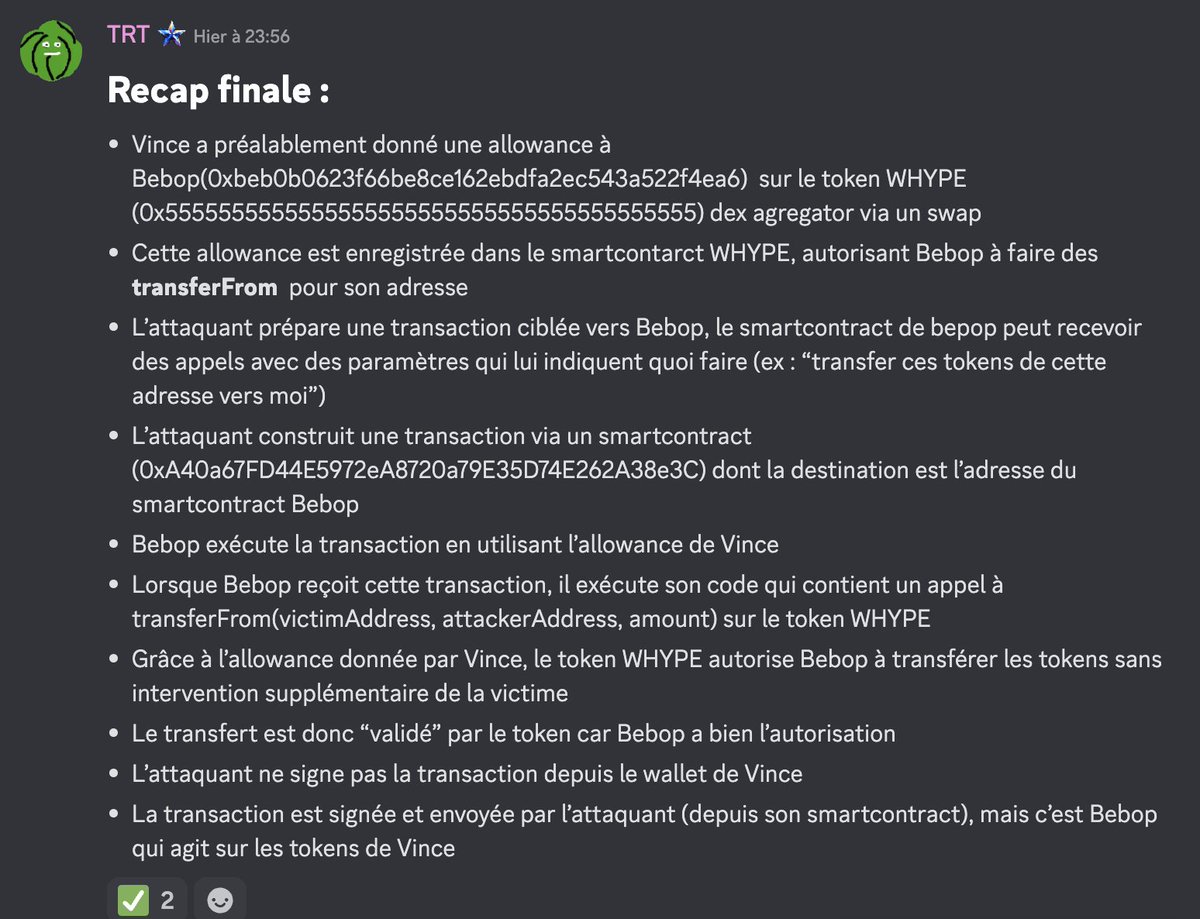 🚨 CONTRAT À RÉVOQUER D’URGENCE SUR HEVM 🚨

–> Un contrat que tu as peut-être approuvé vole les fonds que tu retires des DEX à liquidité à la seconde même où ils atterrissent sur ton wallet.

Le contrat problématique a l’air d’être celui de Bebop, un agrégateur que tu as