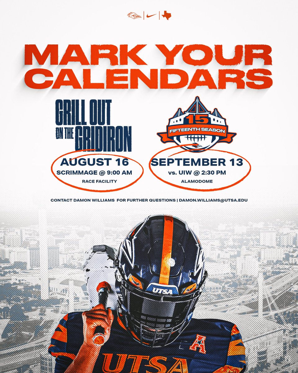 🚨Attention UTSA Football Alumni! 🚨

Join us this Saturday for good food, good vibes, and all your old teammates!
Then roll with us to the Convo for Fan Day

Please RSVP below ⬇️

🔗 bit.ly/3Hr8q26

#210TriangleOfToughness | #210wned