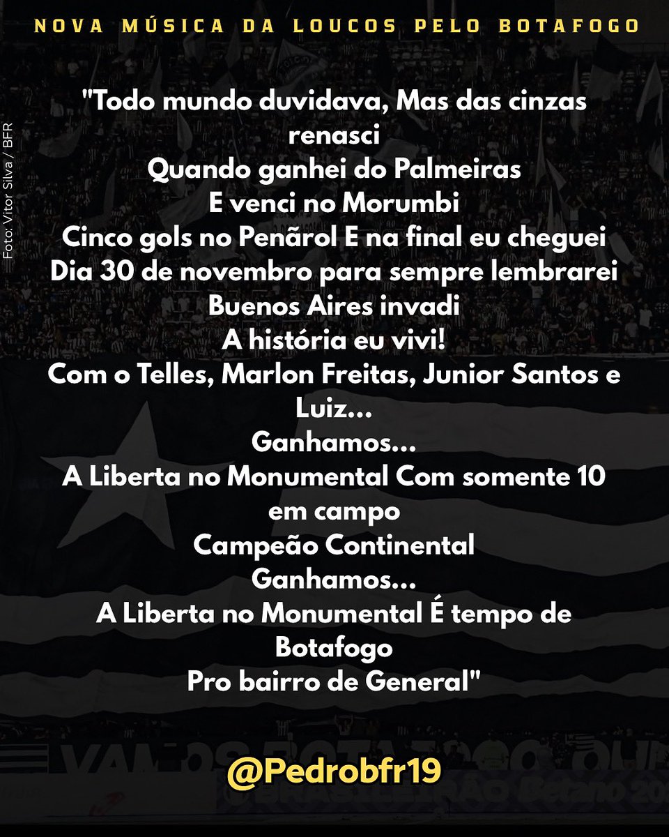 Pedro ★彡 (@pedroppboficial) on Twitter photo OLHA A LETRA COMPLETA AI! 🎶
FICOU MANEIRA DEMAIS A NOVA MÚSICA DA <a href="/LoucosBotafogo/">Loucos Pelo Botafogo</a> <a href="/bandadegeneral/">Banda de General</a> 🔥⭐️👏🏼 OLHA A LETRA COMPLETA AI! 🎶
FICOU MANEIRA DEMAIS A NOVA MÚSICA DA <a href="/LoucosBotafogo/">Loucos Pelo Botafogo</a> <a href="/bandadegeneral/">Banda de General</a> 🔥⭐️👏🏼