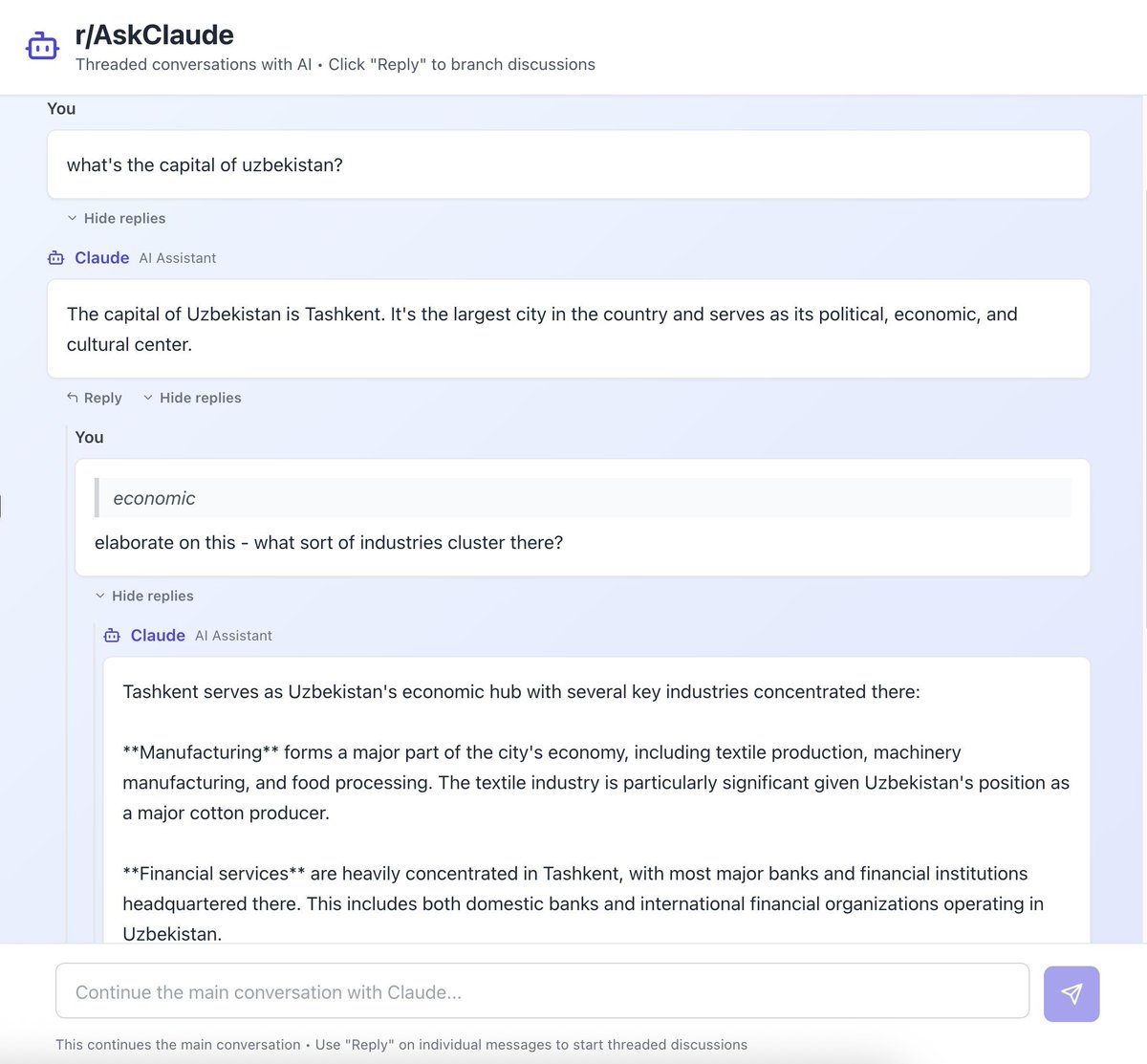 treeeckob's tweet image. would love to support true threaded conversations in chatgpt.  this enables more precise context management and logical organization  

here&apos;s a prototype built with claude lol (bc claude supports connecting directly to its own ai backend) claude.ai/public/artifac…
