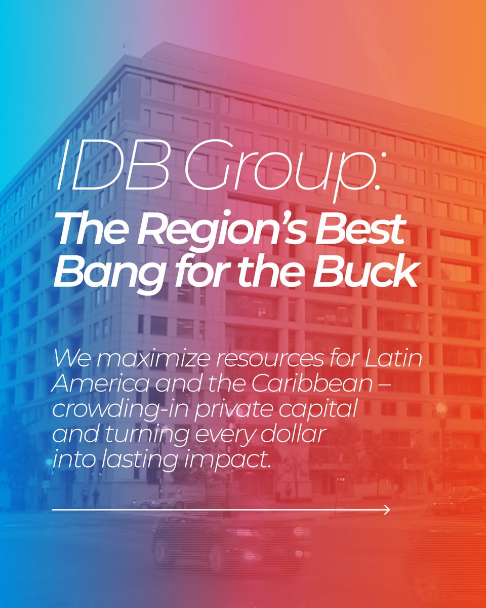 the_IDB's tweet photo. Imagine investing $1 in Latin America and the Caribbean – and unlocking multiples of that amount, while creating lasting impact for millions.

For 65 years, the IDB Group has been the region’s trusted development partner. Today, with a stronger focus on the private sector, we’re unlocking private-sector-led development, lowering barriers to investment, and creating jobs.

Here’s how we’re building a more prosperous region for the benefit of all: https://t.co/dcmkMQQH66