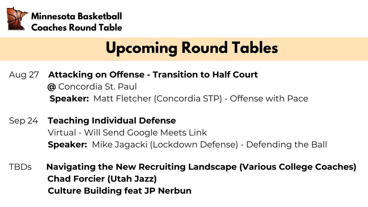 MNBasketballRoundTable (@bballroundtable) on Twitter photo Excited for our upcoming round tables - Mark your calendars!! We will update the TBDs as we get details.
Note: Some are in person and will be virtual for anyone.
Can't wait to see everyone & learn from some great coaches - <a href="/CoachFletchCSP/">Coach Fletch</a> <a href="/JpNerbun/">J.P. Nerbun | TOC</a> <a href="/NBAcoaching/">Chad Forcier</a> <a href="/Mike_Jagacki/">Mike Jagacki</a> Excited for our upcoming round tables - Mark your calendars!! We will update the TBDs as we get details.
Note: Some are in person and will be virtual for anyone.
Can't wait to see everyone & learn from some great coaches - <a href="/CoachFletchCSP/">Coach Fletch</a> <a href="/JpNerbun/">J.P. Nerbun | TOC</a> <a href="/NBAcoaching/">Chad Forcier</a> <a href="/Mike_Jagacki/">Mike Jagacki</a>
