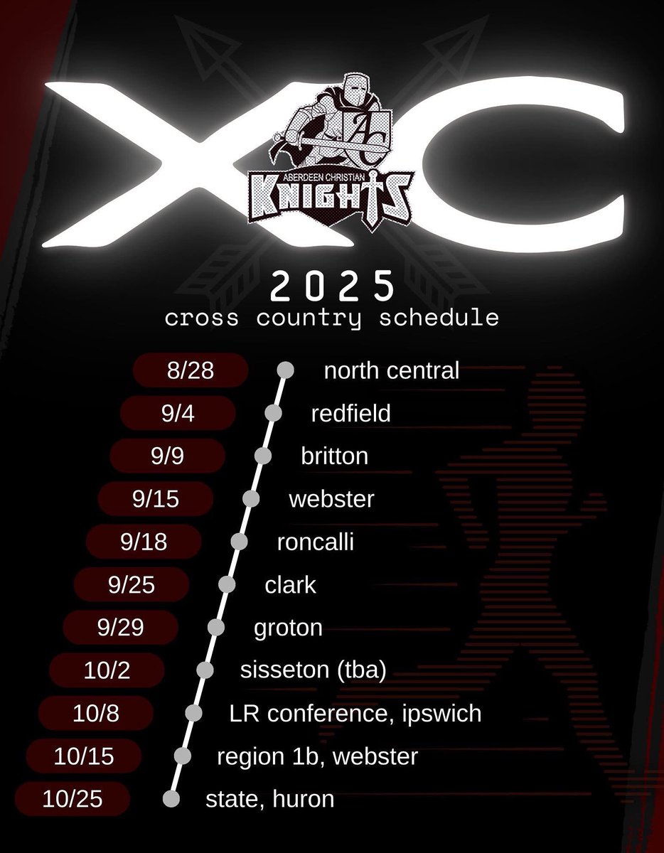 Our cross country runners are already working hard preparing for the upcoming season. Here are the 2025 cross country meet dates for your ACS KNIGHTS!!!