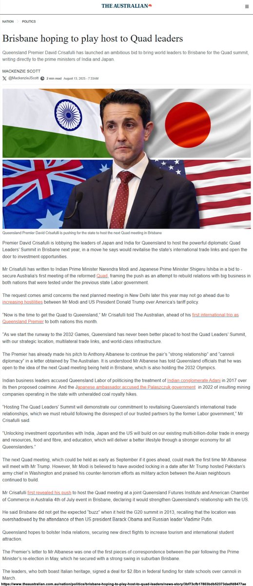 Unconcerned with Qld's vaccination &amp; hospitalisation rates, Prem David Crisafulli is now jetting off to India &amp; Japan. He's campaigning to bring President Donald Trump to Qld &amp; has requested hosting the Quad from PM Narendra Modi, PM Shigeru Ishiba &amp; PM Anthony Albanese. #qldpol