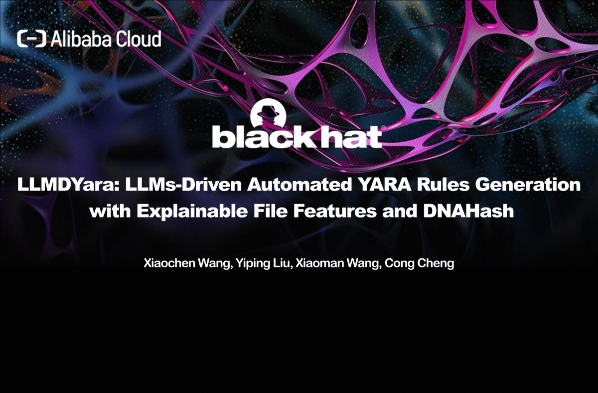 alibaba_cloud's tweet image. At #BlackHat USA, #AlibabaCloud Security shared #LLMDYara, an automated YARA rule generation framework based on large models, which is open sourced to the global security community with its core ideas.