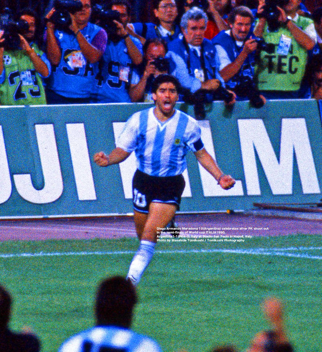 Diego Armando Maradona 10(Argentina) celebrates afrer his PK shoot out
in the semi-finals of World cup ITALIA1990, 
Argentina1-1(PK4-3) Italy at Stadio San Paolo in Napoli, Italy
Photo by Masahide Tomikoshi / Tomikoshi Photography