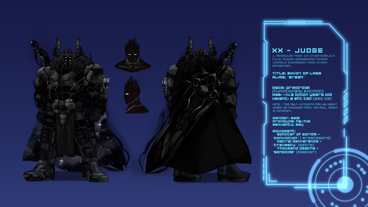 AlmightyBrash's tweet photo. Behold…
My main OC in the name of “Judge”, now has a reference sheet!
Alts below (Repost cuz the quality got annihilated by this app) https://t.co/YjRR66pzOG