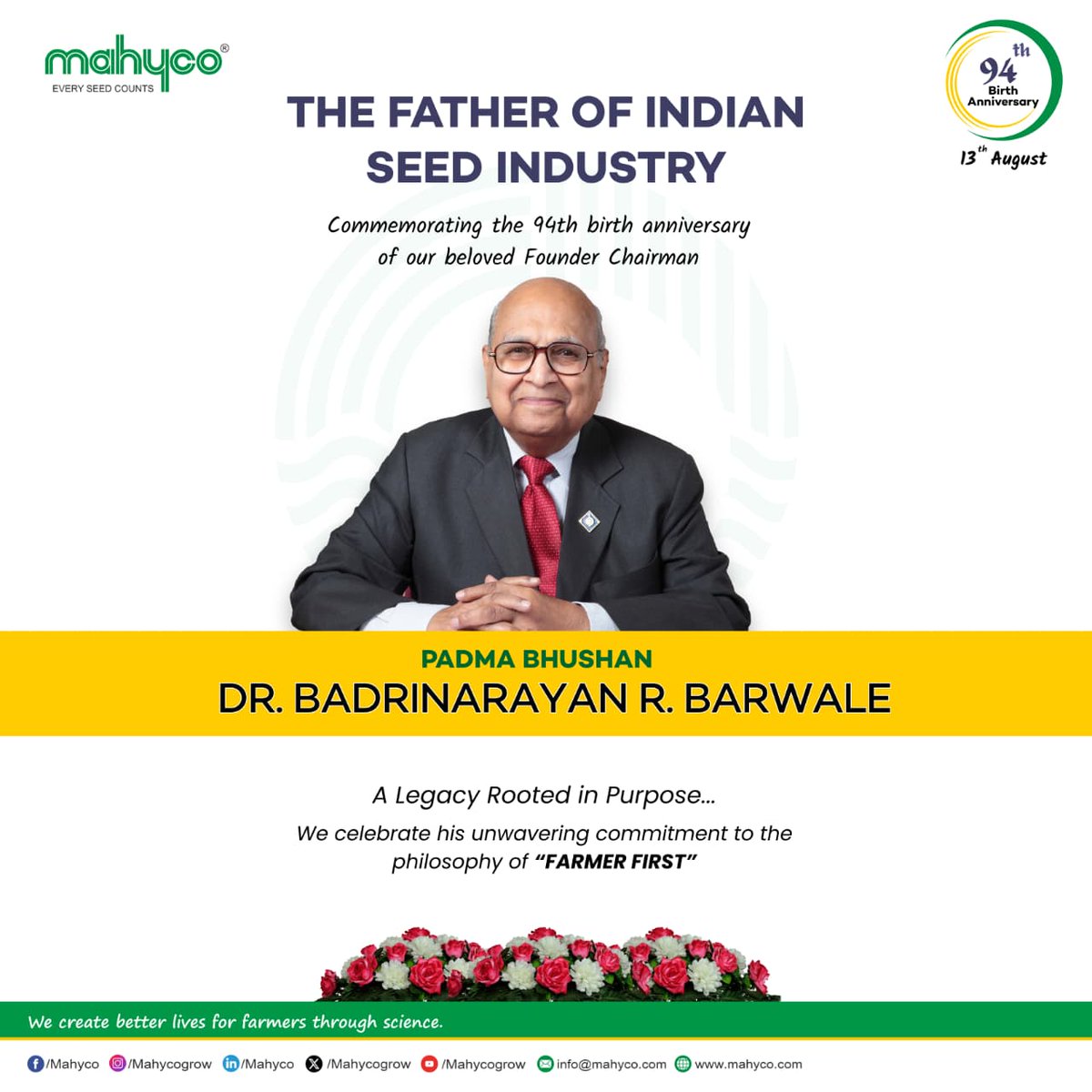 MahycoGrow's tweet photo. A Legacy Rooted in Purpose...
 
Commemorating the 94th birth anniversary of our beloved Founder Chairman, Padma Bhushan Dr. Badrinarayan R. Barwale - The Father of Indian Seed Industry. 
 
We celebrate his unwavering commitment to the philosophy of "Farmer First"

#Mahyco #agriculture #seedindustry #biotech #farming #FarmerFirst