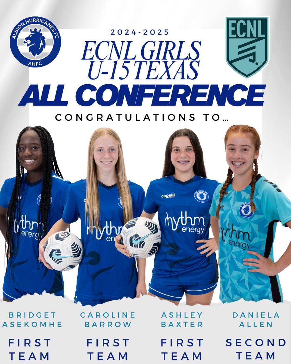 Congratulations to Bridget, Caroline, Ashley, and Daniela for being selected for the <a href="/ECNLgirls/">ECNL Girls</a> U15 Texas Conference All-Conference Teams for the 2024-2025 season! <a href="/ahfcsoccer/">Albion Hurricanes FC</a> <a href="/CoachGusMota/">Gustavo Mota</a> 

<a href="/bridgeasekomhe8/">Bridget Asekomhe | 2028</a> <a href="/cbarrow23/">Caroline Barrow</a> <a href="/ashleybaxter_22/">Ashley Baxter</a> <a href="/d_allen29/">Daniela.Allen29</a> 

theecnl.com/sports/2025/8/…