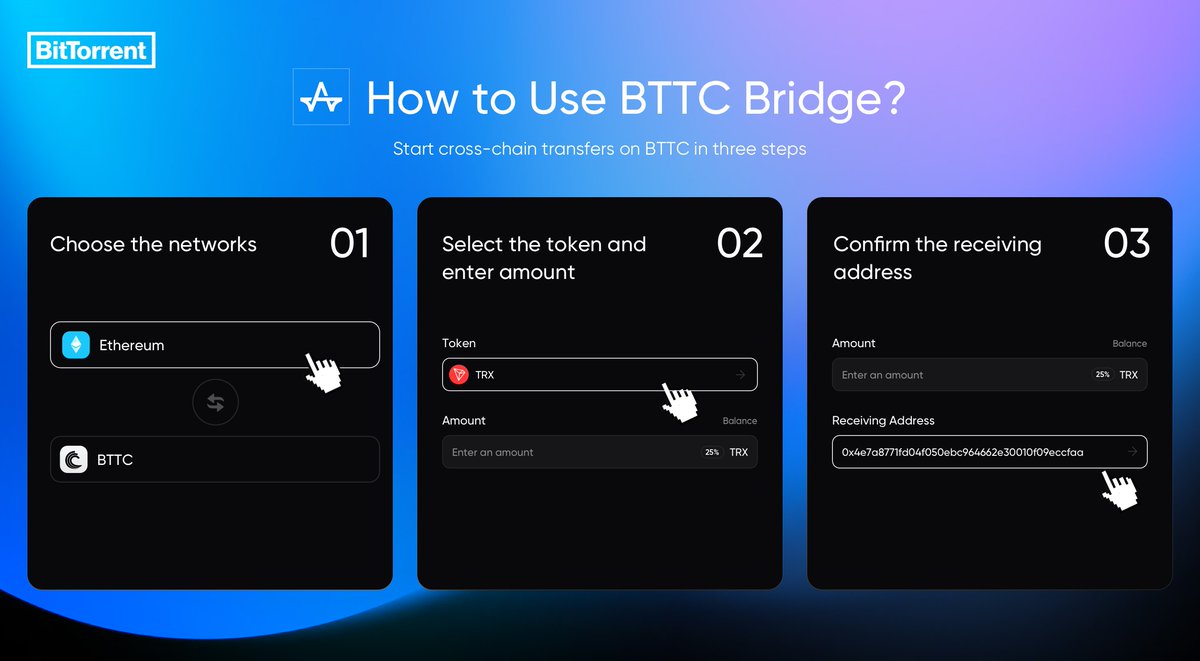 🔍 How to use BitTorrent Bridge? Start cross-chain transfers on #BTTC in  three steps: ▫️ Select your source and destination networks. ▫️ Choose the  token and specify the amount to transfer. ▫️