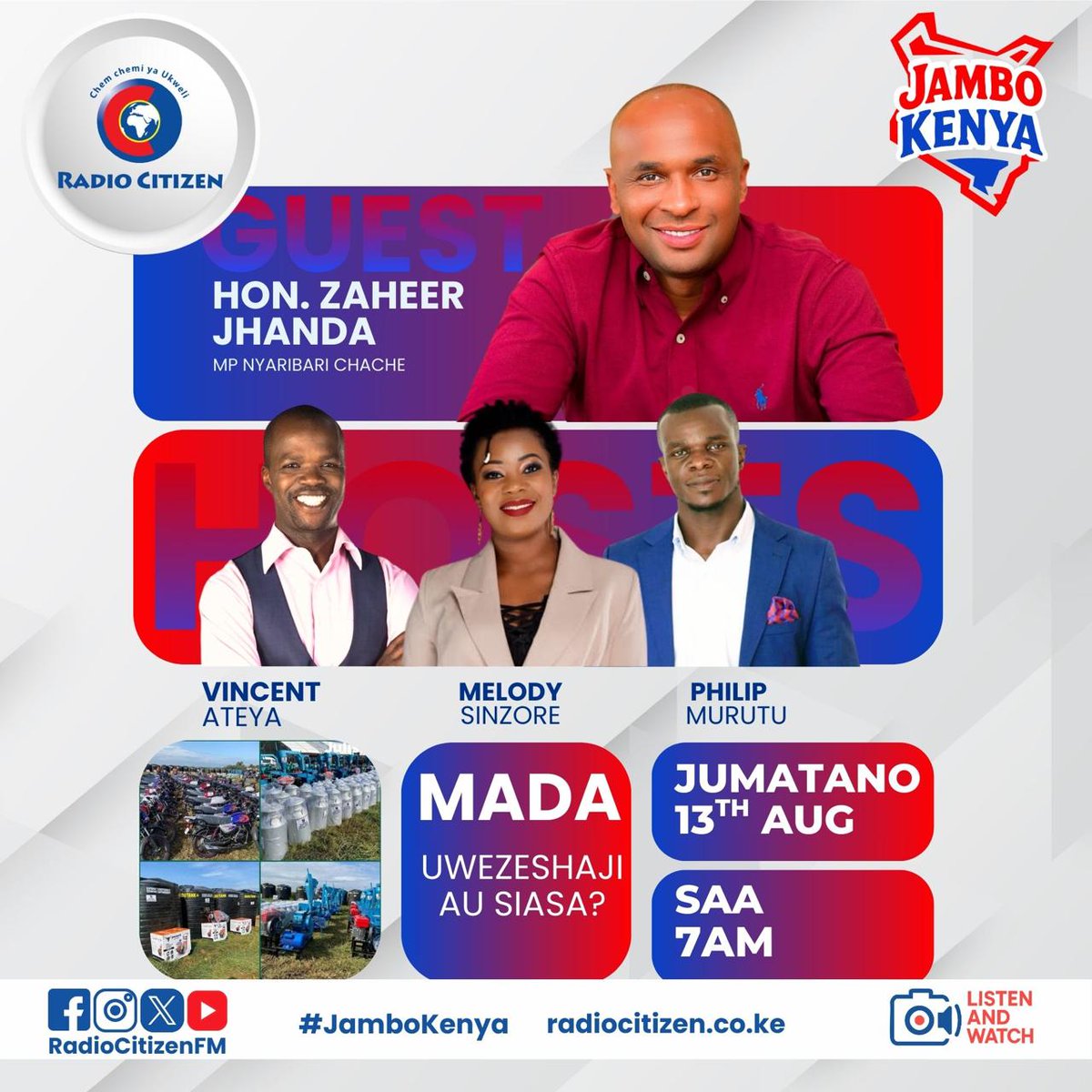 Je ni uwezeshaji au siasa? 

Ndani ya mjadala wa #JamboKenya hii leo tunazungumza naye Mbunge wa Nyaribari Chache Hon. Zaheer Jhanda tujue kipi kinaendelea. 
#RadioNumberOne 
<a href="/Murutuphilip/">Philip Murutu</a> <a href="/MelodySinzore1/">MelodySinzore1</a> <a href="/VincentAteya/">Vincent Ateya</a>
