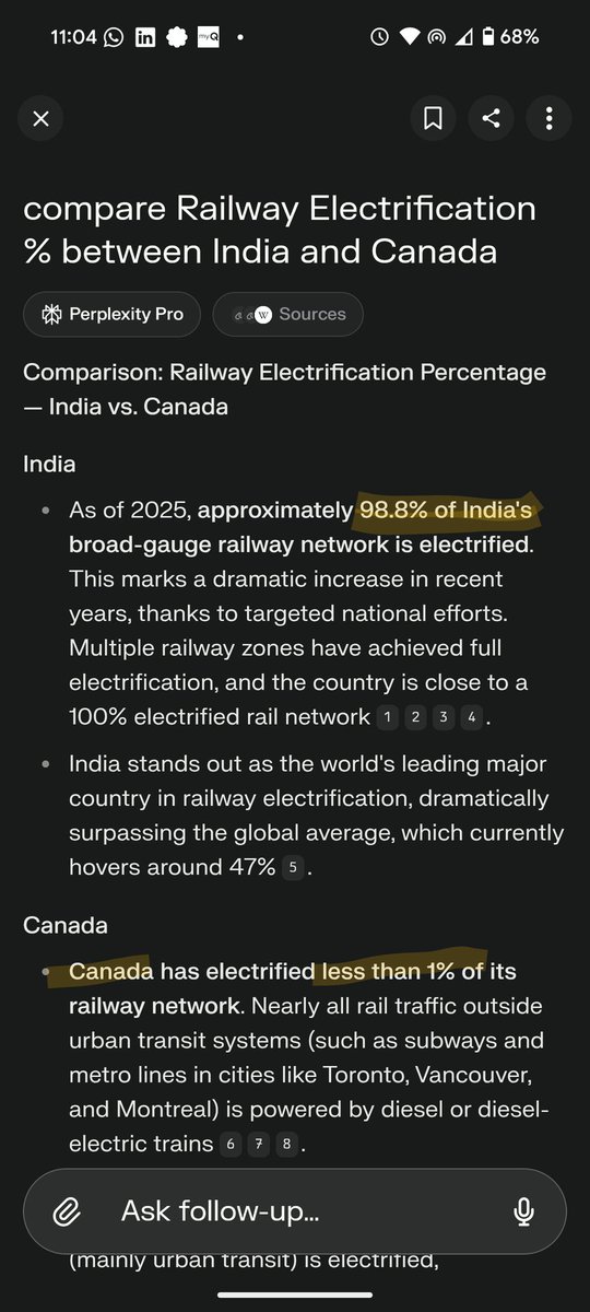 Fun Fact
India🇮🇳 has electrified 98% of Railway Network while Canada🇨🇦 a developed Country, has just 1% electrified &amp; use Diesel which causes extreme Pollution

So much Noise around Climate change yet so little REAL action
#priorties 

<a href="/rupasubramanya/">Rupa Subramanya</a> <a href="/cafreeland/">Chrystia Freeland</a> <a href="/juliedabrusin/">Julie Dabrusin</a>
