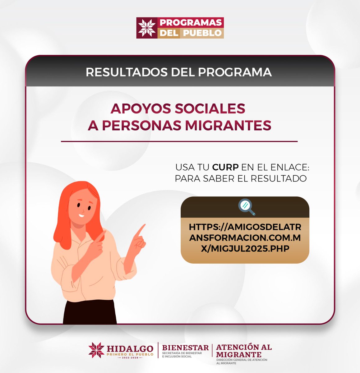 📢 RESULTADOS: Apoyos sociales para personas migrantes hidalguenses 2025. 

👨🏽‍💻Accede al link, ingresa tu CURP y conoce si eres persona beneficiaria: amigosdelatransformacion.com.mx/migjul2025.php

☎️ Si eres persona beneficiaria, comunícate: 771 107 4358.
#SomosBienestar #PrimeroElPueblo