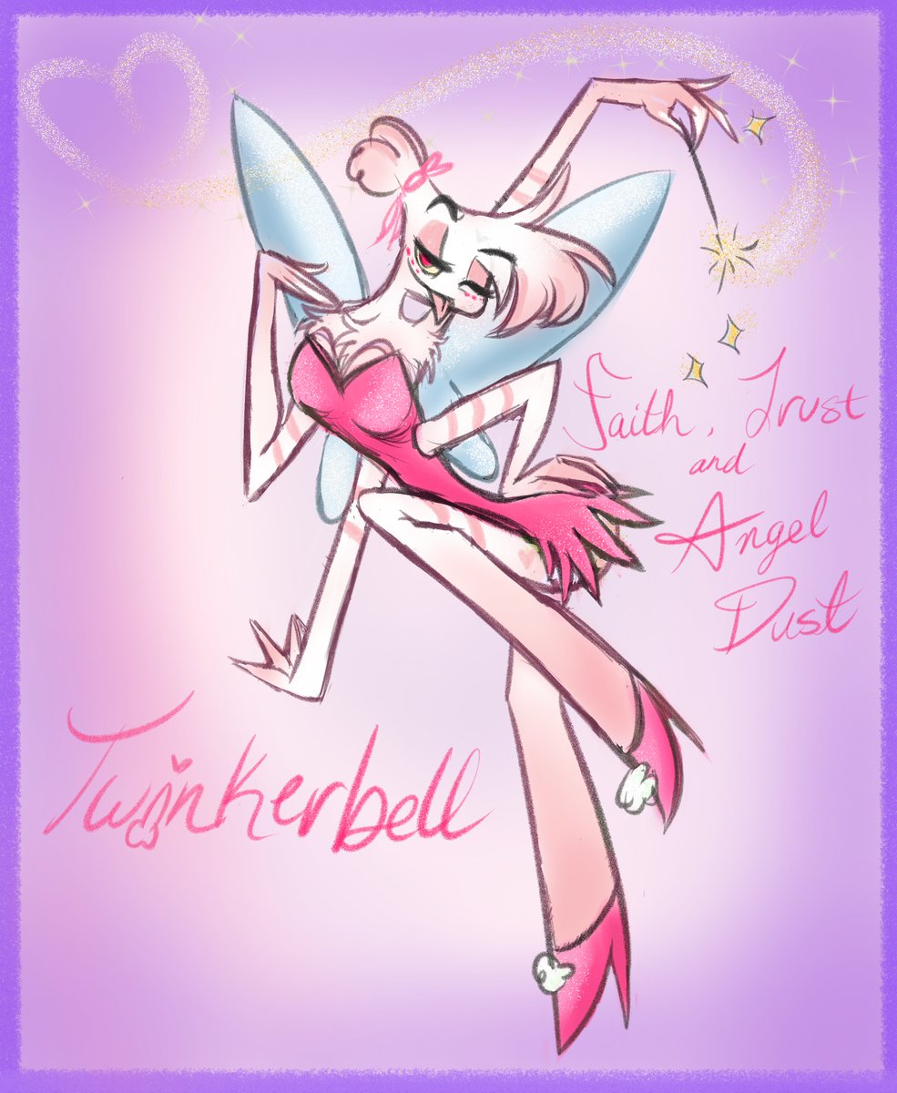 CozyCasBee's tweet photo. Had a silly conversation with my friend Lonelyheartmember on Blsky and I had to make it real! 😂💖 Also included an smash alt version in pink! 🥰 #twinkerbell #angeldust #hazbinhotel #hazbinhotelfanart https://t.co/Fzyw7VK53K
