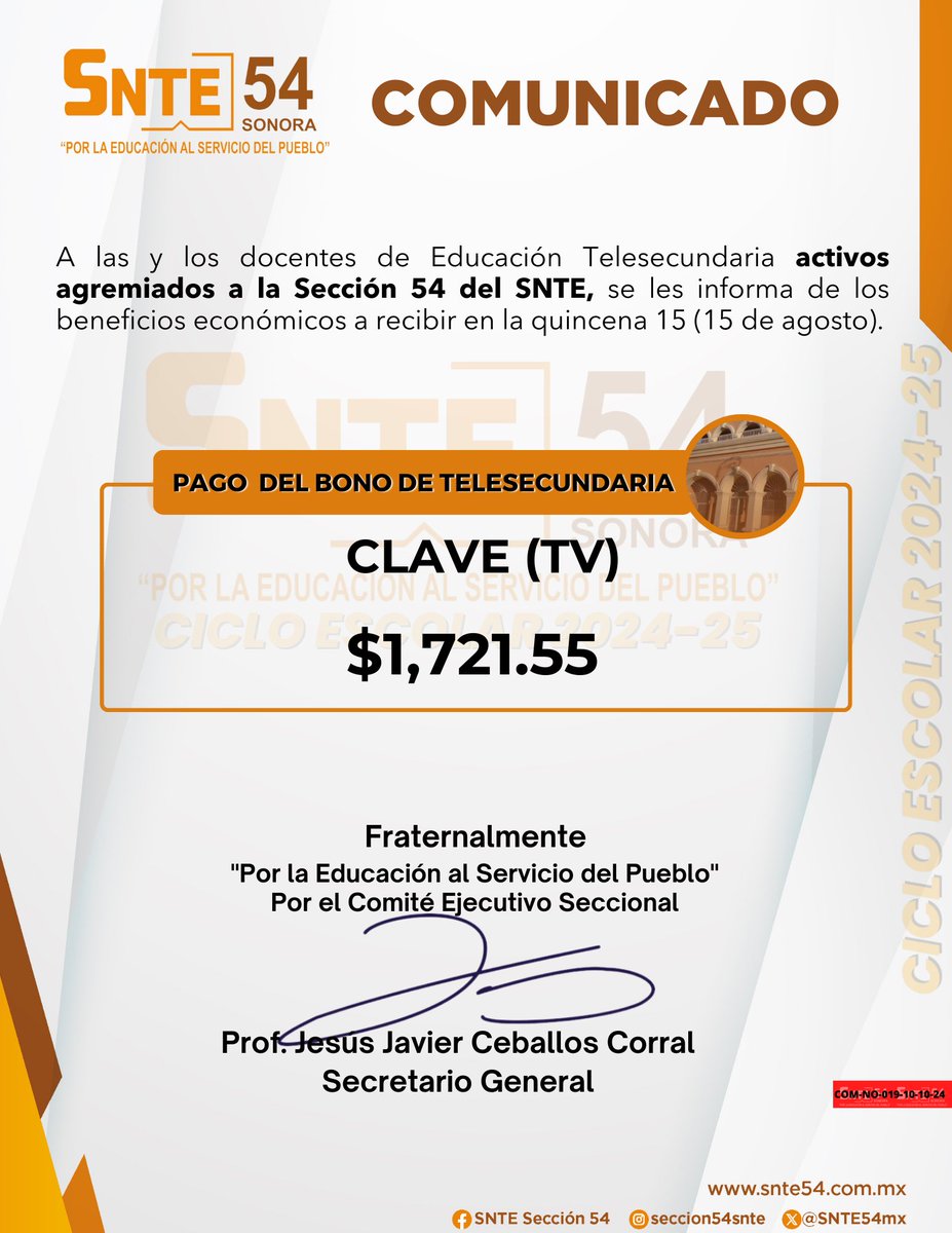SNTE54mx's tweet photo. #Comunicado 📣📣

A las y los Docentes de Educación Telesecundaria activos agremiados a la Sección 54 del SNTE, se les informa de los beneficios económicos a recibir en la quincena 15 (15 de agosto).

#Somos54 ✅ #SNTECercadeTi ✅ #PorlaEducaciónalServiciodelPueblo ✅ https://t.co/Tp3RxWHdhp