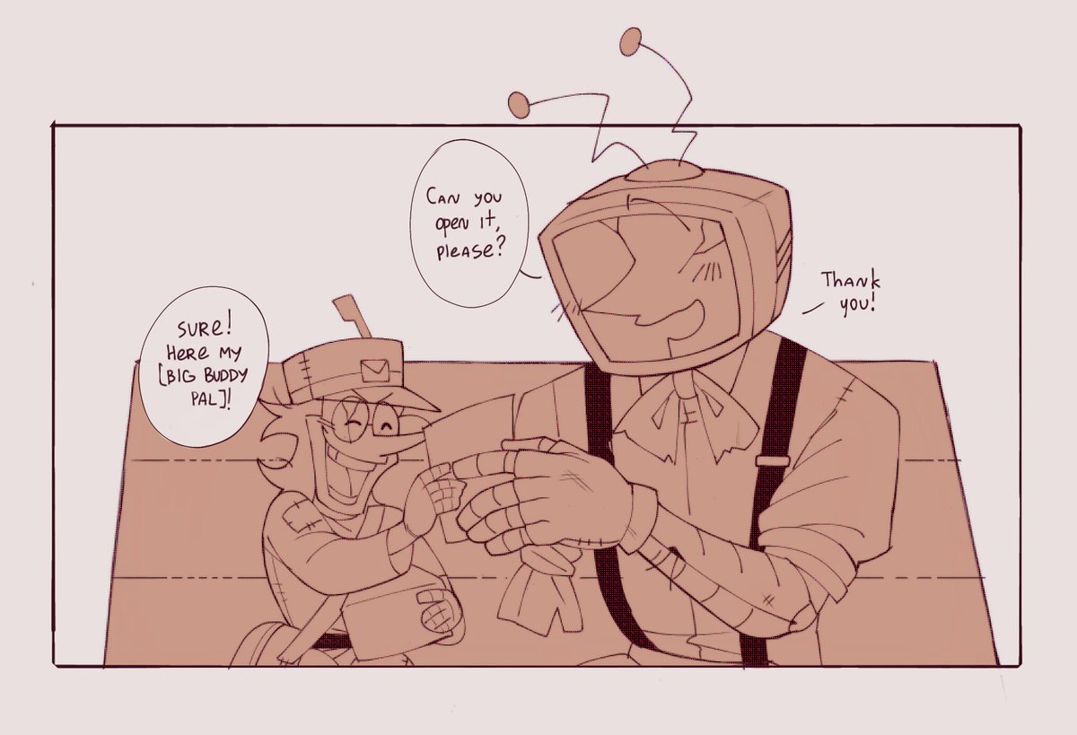 Okay!

here`s something silly cute mini comic of UT Spamtenna
[1/2]

#Deltarune #Spamton #Tenna #AU