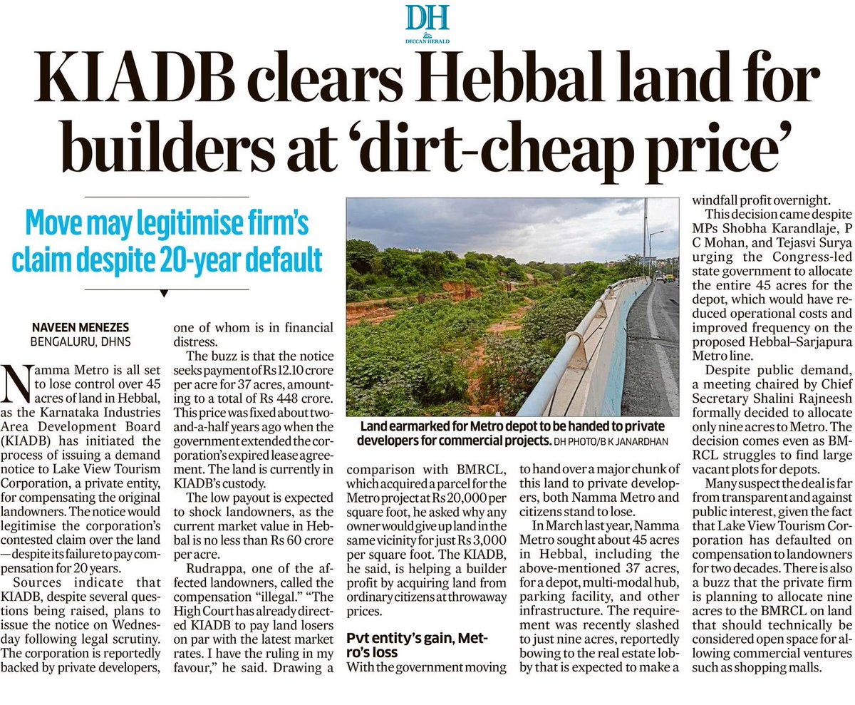 KIADB rescues long-defaulting firm, putting 45-acre Hebbal depot land out of Namma Metro’s reach

Private firm to get 37 acres of land for Rs 12 cr per acre — market value Rs 60 cr

BJP govt revived the defaulter, Congress govt turned it into a rare private-to-private partnership