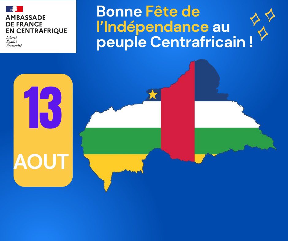 FranceBangui's tweet photo. 𝐅ê𝐭𝐞 𝐝𝐞 𝐥’𝐢𝐧𝐝é𝐩𝐞𝐧𝐝𝐚𝐧𝐜𝐞 🇨🇫
#65e anniv de l’indépendance : l’Ambassade de🇫🇷adresse ses vœux aux 🇨🇫.
𝐃𝐚𝐡 𝐥é𝐦𝐛é 𝐭𝐢 𝐤ö𝐝𝐫ö 𝐬é𝐬𝐬é 𝐭𝐢 𝐅𝐫𝐚𝐧𝐳𝐢 𝐚 𝐦𝐨𝐮 𝐧𝐝𝐣𝐨𝐧𝐢 𝐦𝐚𝐭𝐚𝐧���𝐚 𝐭𝐢 𝐝𝐨𝐮𝐭𝐢𝐧𝐠ô 𝐲𝐚𝐦𝐛𝐚 𝐧𝐚 𝐚 𝐰𝐚 𝐁ê-𝐀𝐟𝐫𝐢𝐜𝐚 https://t.co/kV6Q0x2rAM