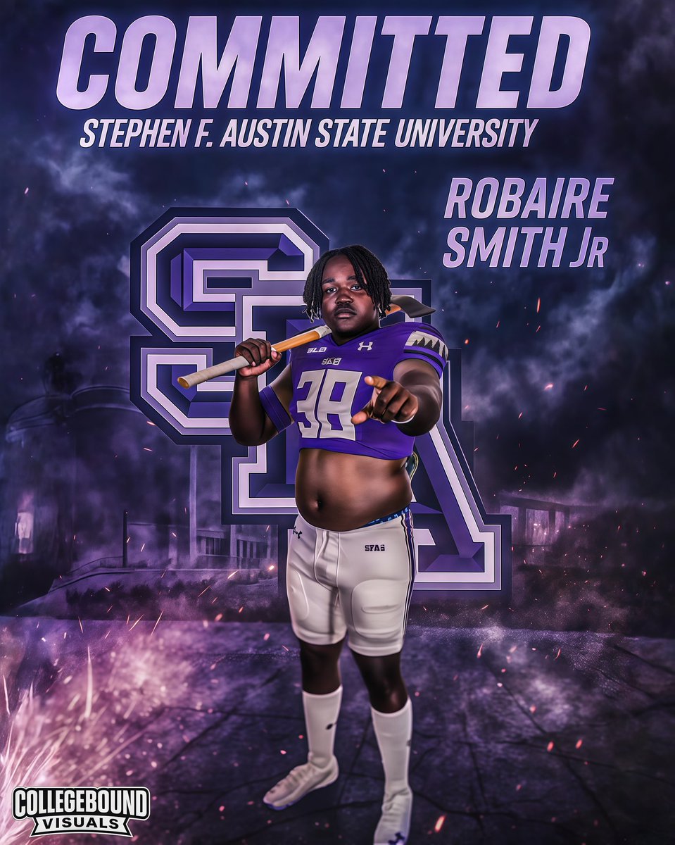 Robaire Smith Jr. (@robaire_jr) on Twitter photo #AGTG I am blessed and honored to announce my commitment to Stephen F.
Austin University! <a href="/SFA_Football/">Lumberjack Football</a> <a href="/DLcoachbeck/">Kevon Beckwith</a> <a href="/CoachCarthel/">Colby Carthel</a>
<a href="/Coach_LaFavers/">Rick LaFavers</a> <a href="/CoachKScholz/">Kevin Scholz</a>
#AxeEm #AGTG I am blessed and honored to announce my commitment to Stephen F.
Austin University! <a href="/SFA_Football/">Lumberjack Football</a> <a href="/DLcoachbeck/">Kevon Beckwith</a> <a href="/CoachCarthel/">Colby Carthel</a>
<a href="/Coach_LaFavers/">Rick LaFavers</a> <a href="/CoachKScholz/">Kevin Scholz</a>
#AxeEm