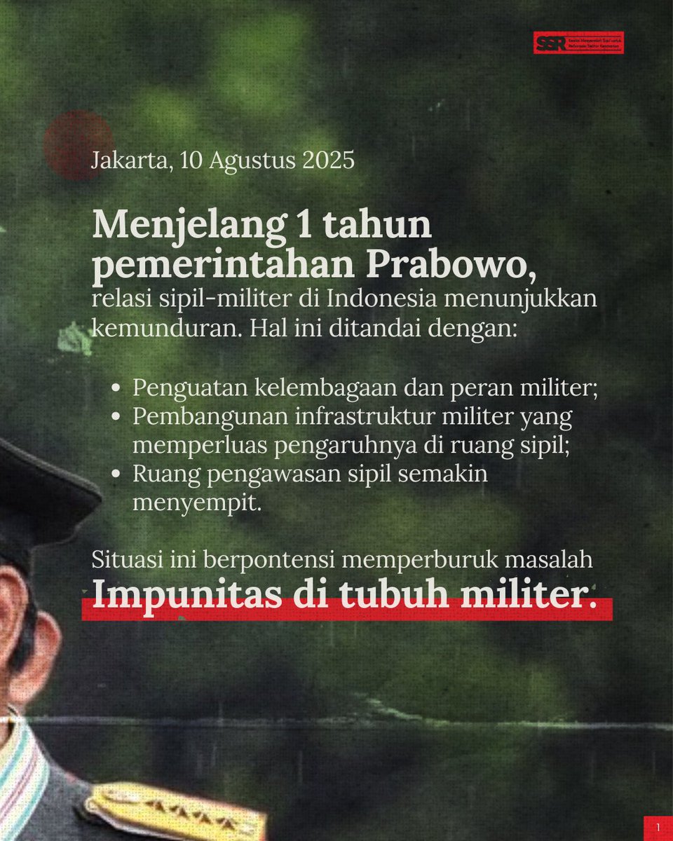 KontraS's tweet photo. Menjelang 1 tahun pemerintahan Prabowo, relasi sipil-militer di Indonesia menunjukkan kemunduran. Hal ini ditandai dgn penguatan kelembagaan dan peran militer, pembangunan infrastruktur militer yang memperluas pengaruhnya, dan ruang pengawasan sipil yang semakin menyempit. https://t.co/Tsb8tRtdIa