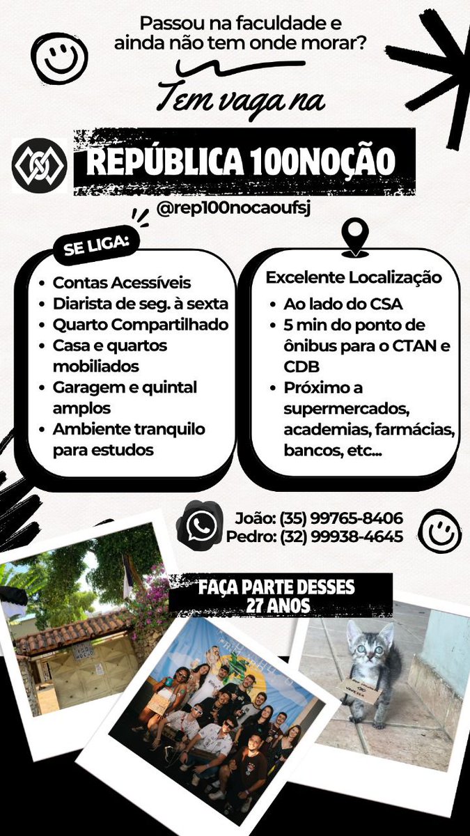 100nocaorep's tweet photo. Parabéns pela aprovação, calouros! 

Passou na UFSJ?
A República 100 Noção está com vagas abertas! Entre em contato pela dm e tire todas as suas dúvidas sobre a república. 

Venha nos visitar e fazer parte dos nossos 27 anos de história! 
#Ufsj #UFSJ #Republicauniversitaria https://t.co/70sZM9APKz