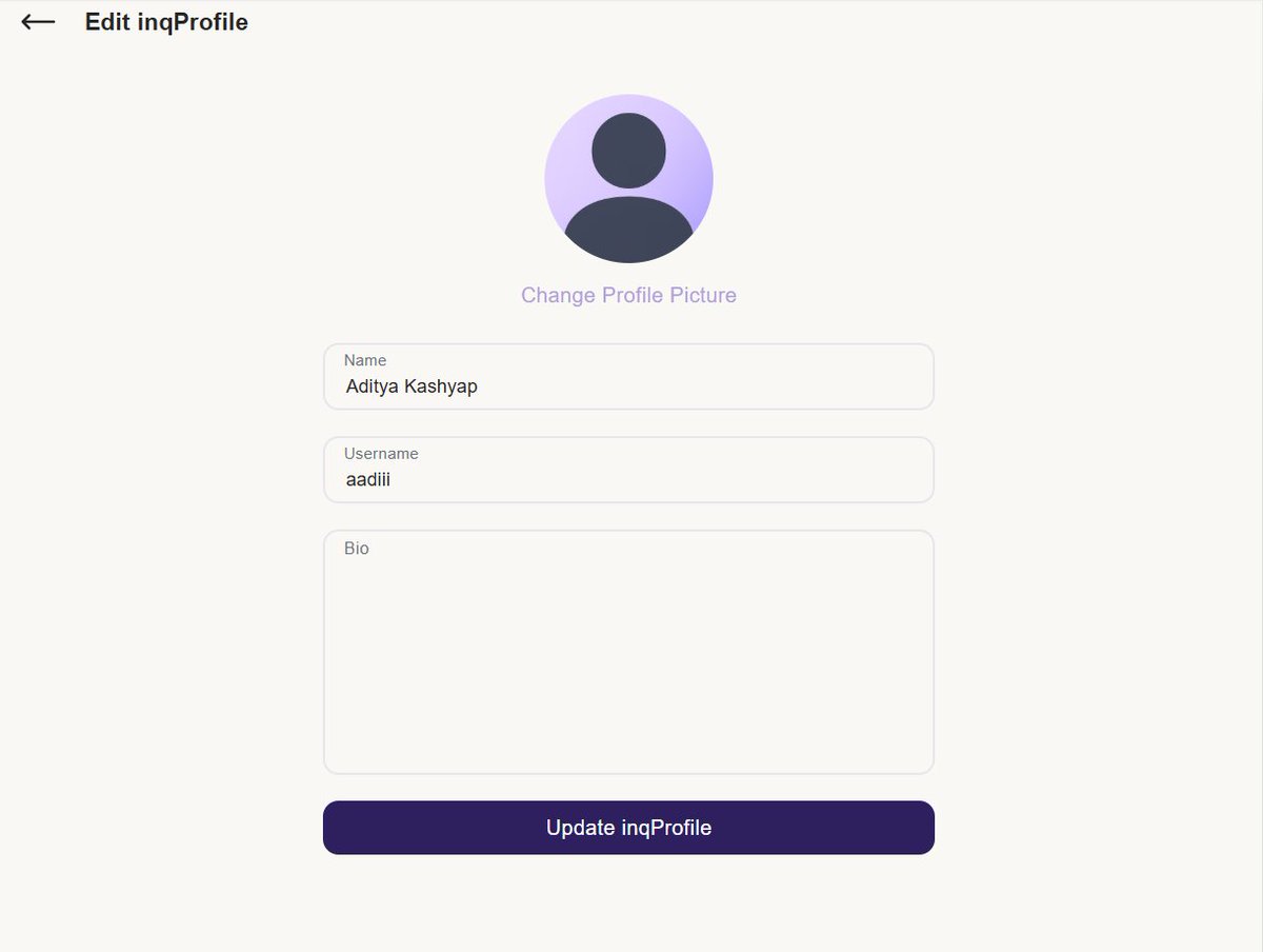 code_with_joe's tweet image. Level up your inqSpace profile 🚀
Today I built the backend magic so you can change your pic, name, username & bio — anytime, anywhere 💜
#buildinginpublic #WebDev #MERN